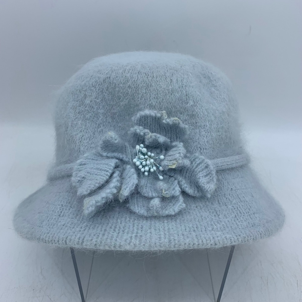 Vintage Coquette Cappelli Light Blue Angora Wool Fuzzy Floral Bucket Cloche Hat